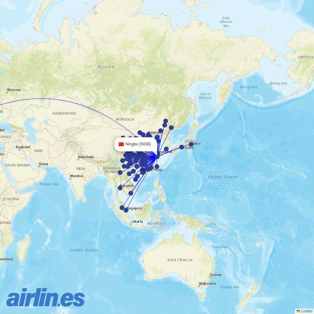 Qingdao Airlines from Ningbo Lishe International Airport destination map