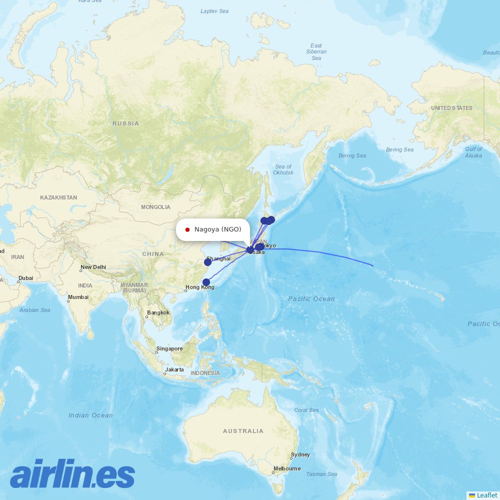 JAL from Nagoya destination map