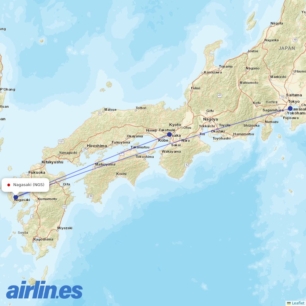 JAL from Nagasaki destination map