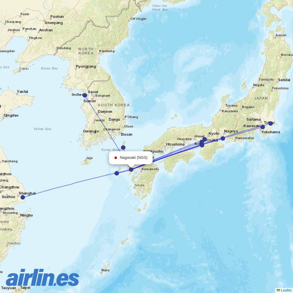 Korean Air from Nagasaki destination map