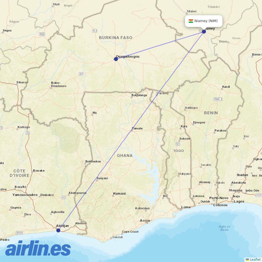 Air Cote DIvoire from Diori Hamani destination map