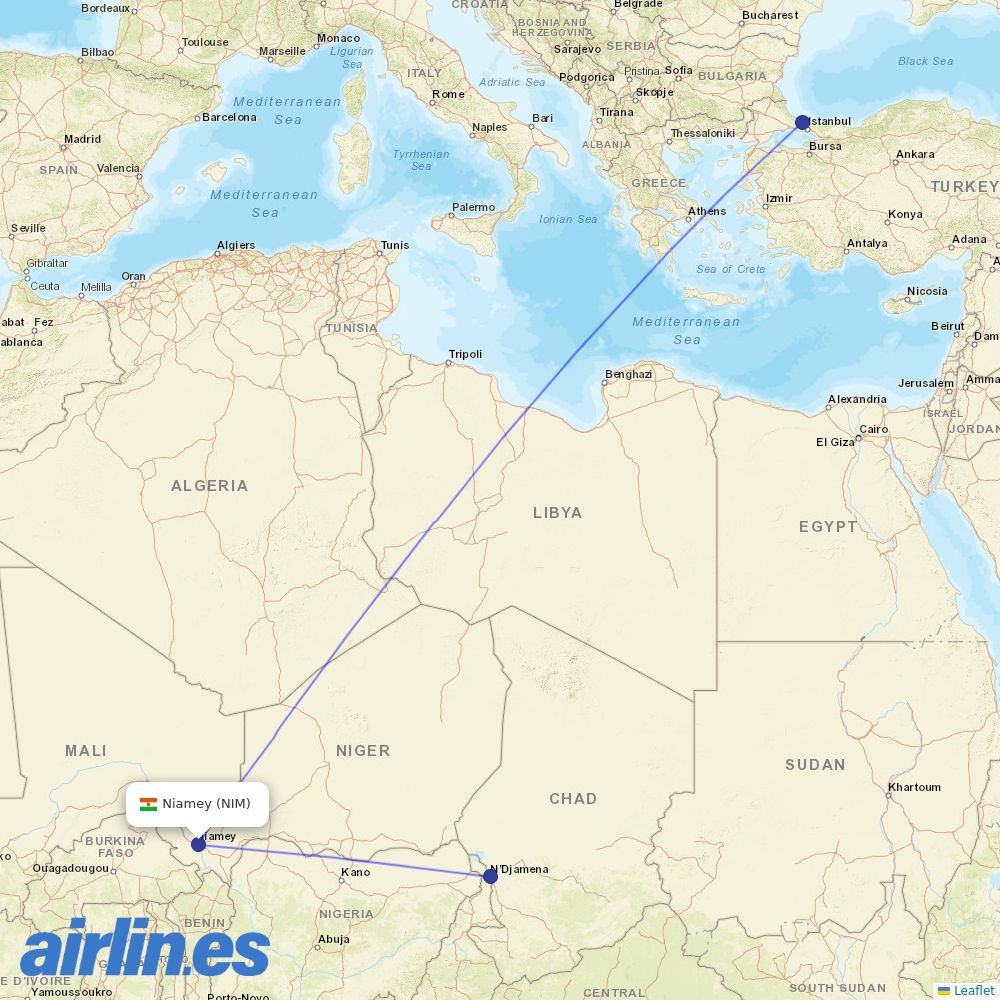 Turkish Airlines from Diori Hamani destination map