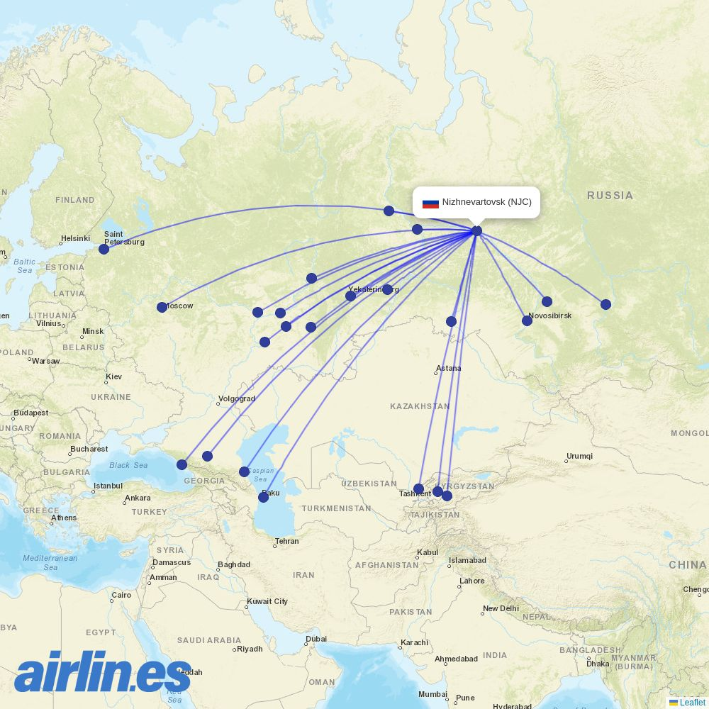 IrAero from Nizhnevartovsk destination map