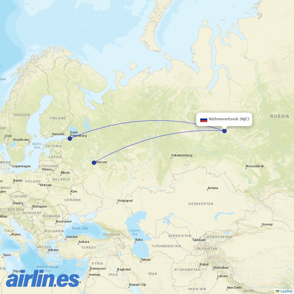 Aeroflot from Nizhnevartovsk destination map