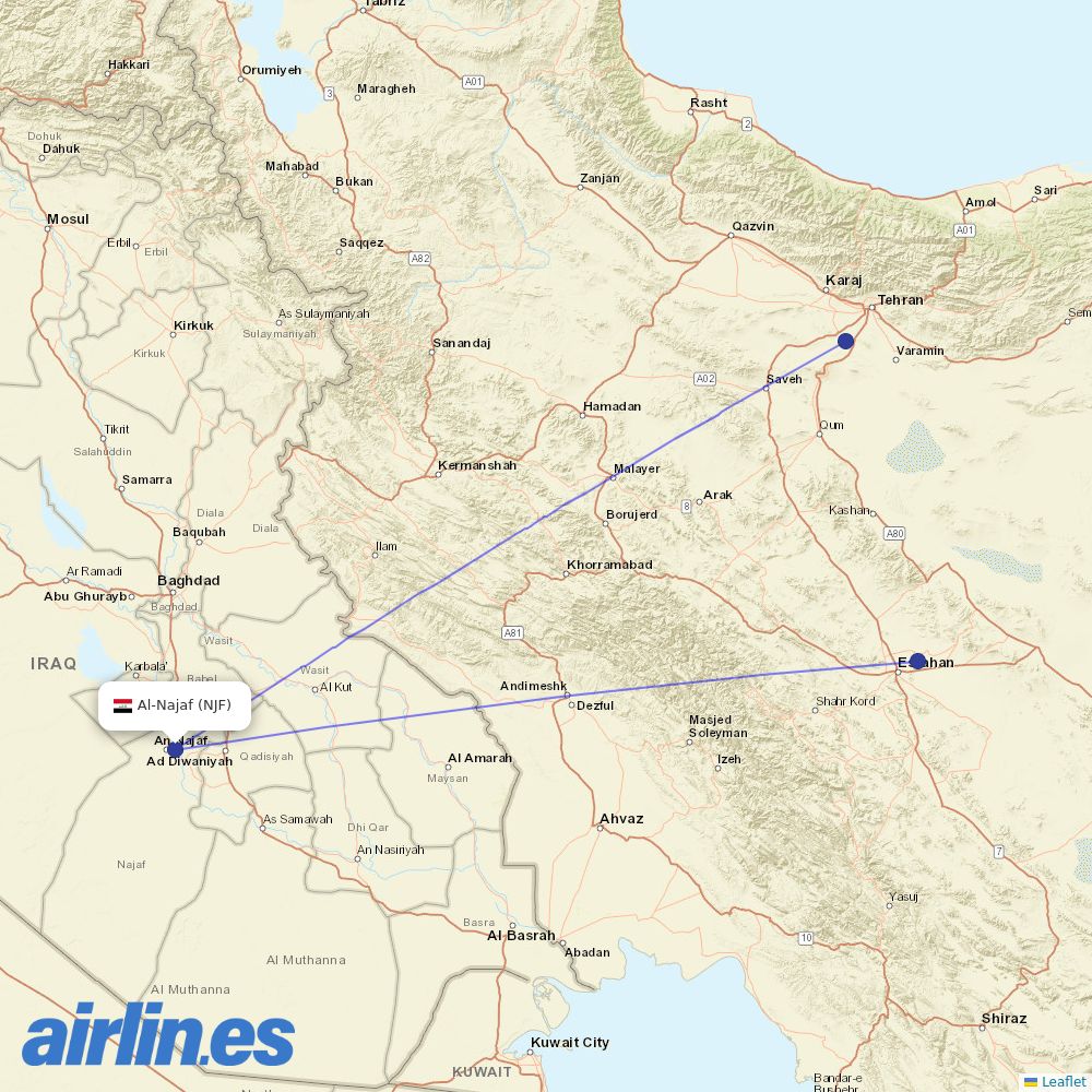 Iran Aseman Airlines from Al Najaf International Airport destination map