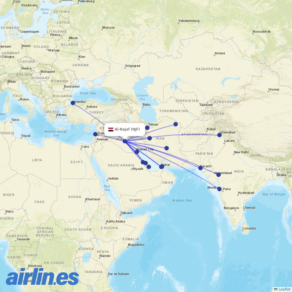 Pakistan International Airlines from Al Najaf International Airport destination map