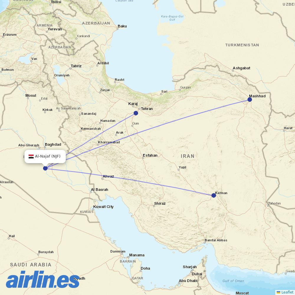Qeshm Air from Al Najaf International Airport destination map