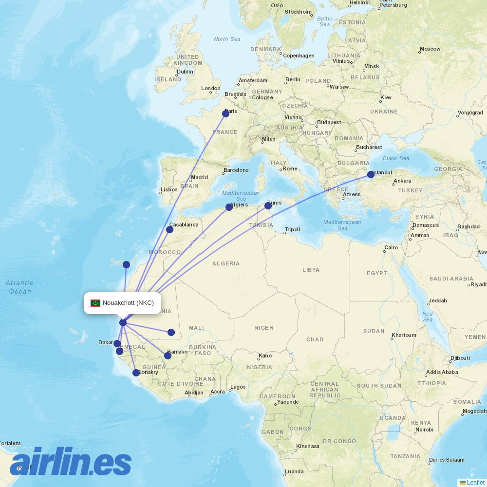 ASKY Airlines from Nouakchott International Airport destination map