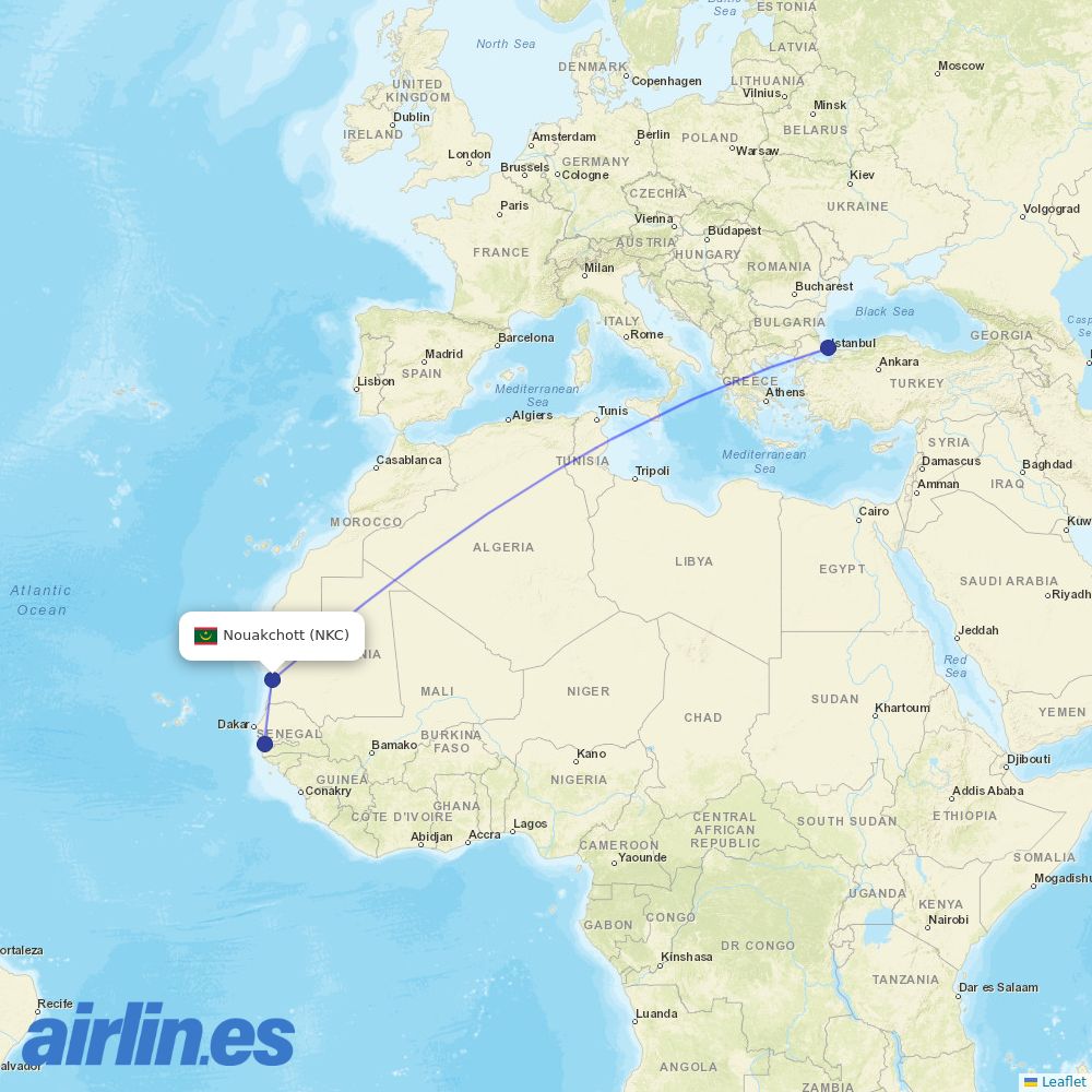 Turkish Airlines from Nouakchott International Airport destination map