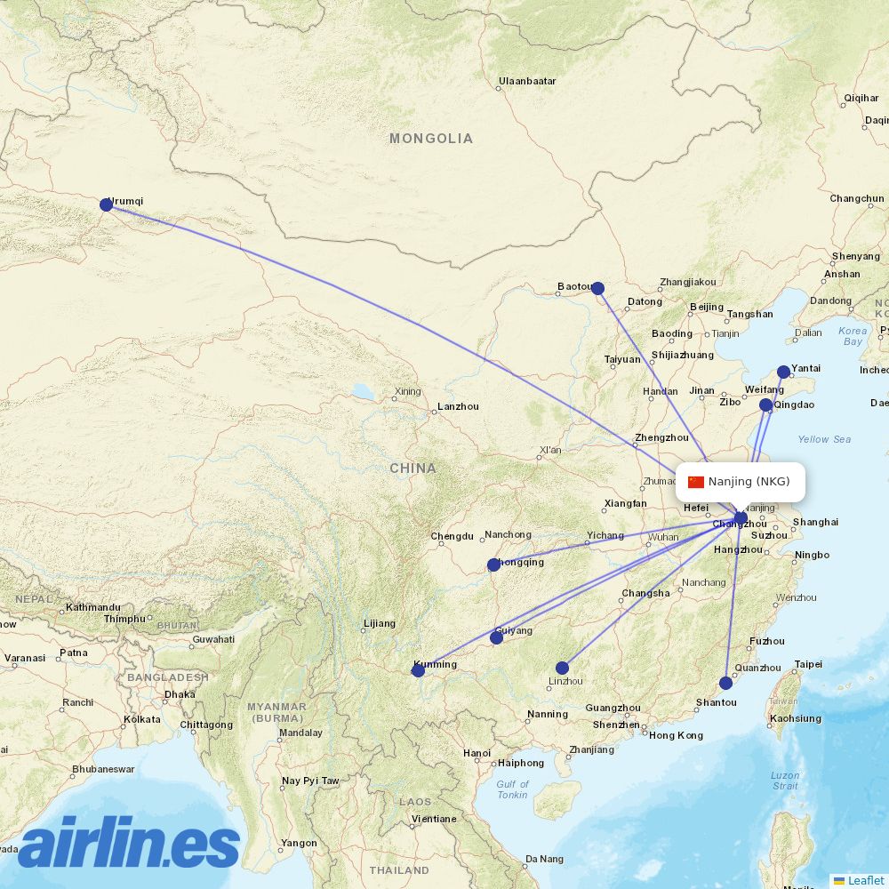 Shandong Airlines from Lu Kou Airport destination map