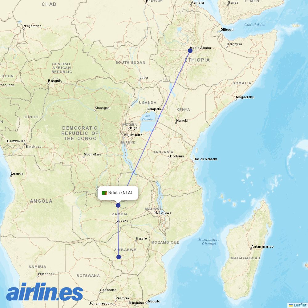 Ethiopian Airlines from Simon M. Kapwepwe International Airport destination map