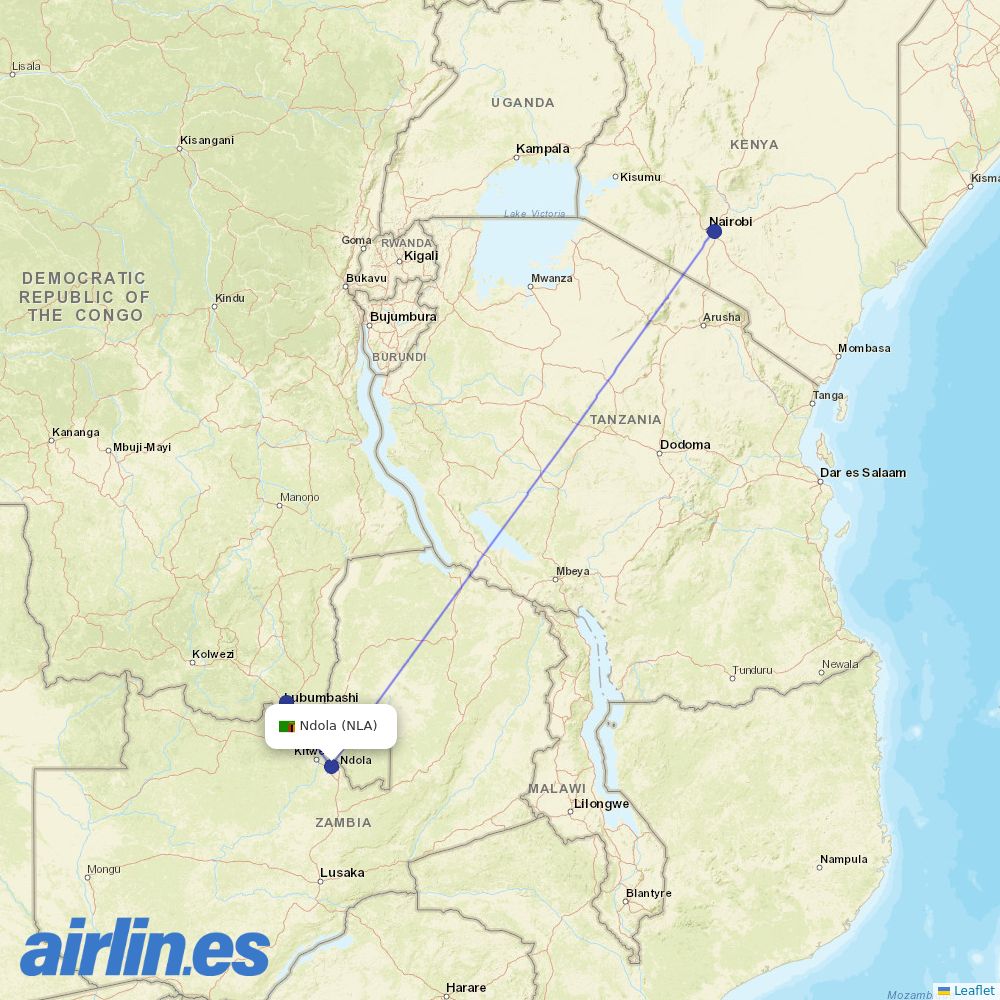 Kenya Airways from Simon M. Kapwepwe International Airport destination map