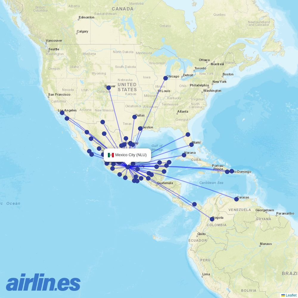 Mexicana de Aviación from Felipe Angeles International Airport destination map