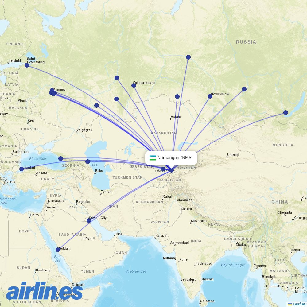 Jazeera Airways from Namangan Airport destination map