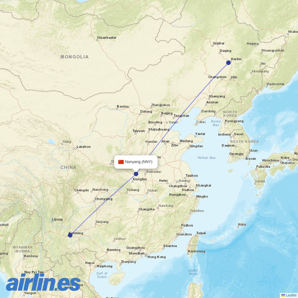 Ruili Airlines from Nanyang Airport destination map
