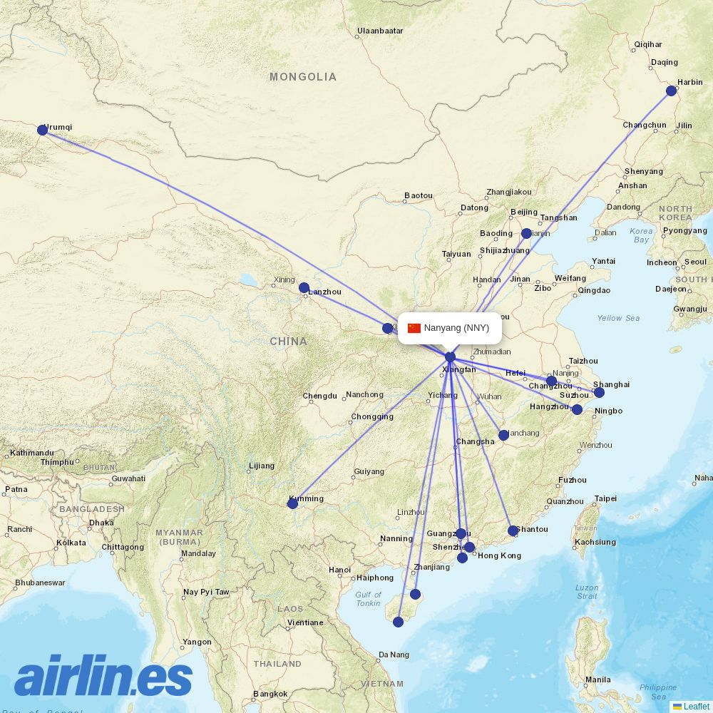 Tianjin Airlines from Nanyang Airport destination map