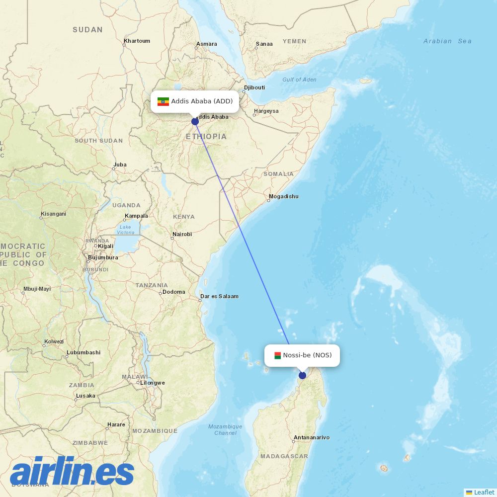 Ethiopian Airlines from Nosy Be Fascene destination map