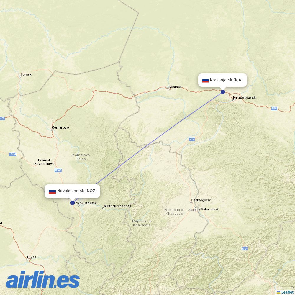 KrasAvia from Novokuznetsk Airport destination map