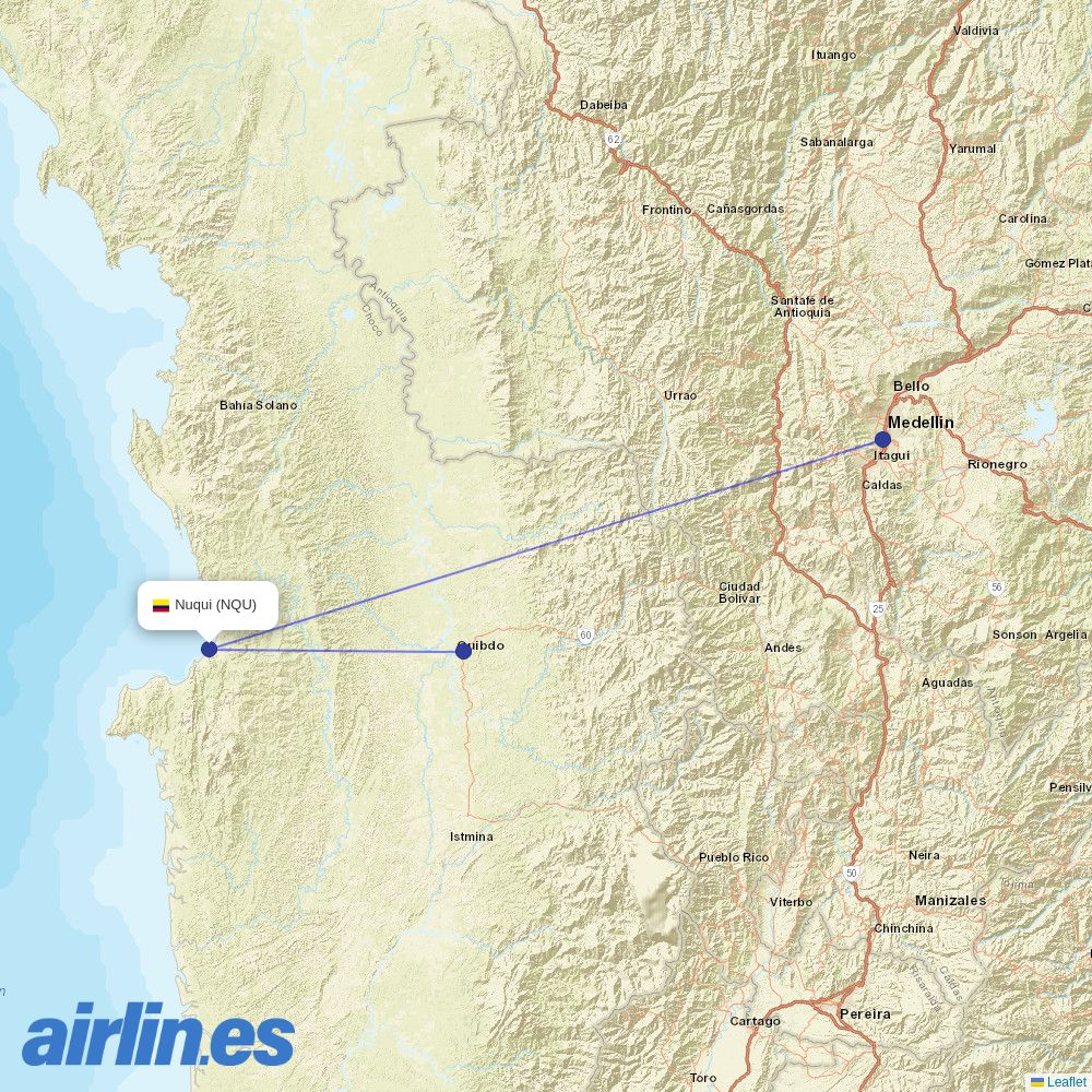 SATENA from Nuqui Airport destination map