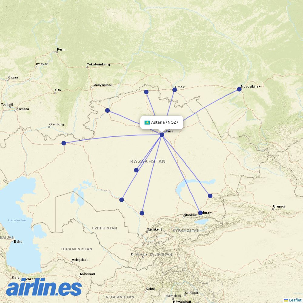 Qazaq Air from Nursultan Nazarbayev destination map
