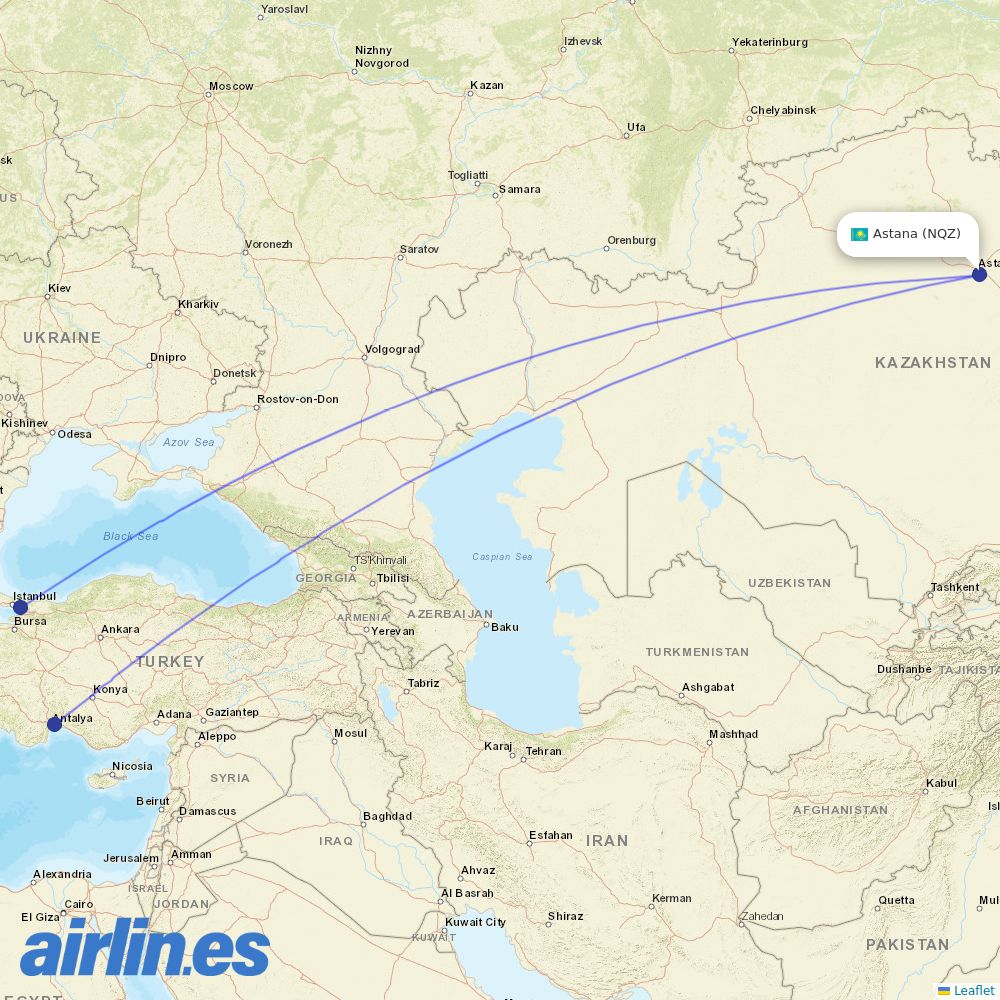 Pegasus from Nursultan Nazarbayev destination map