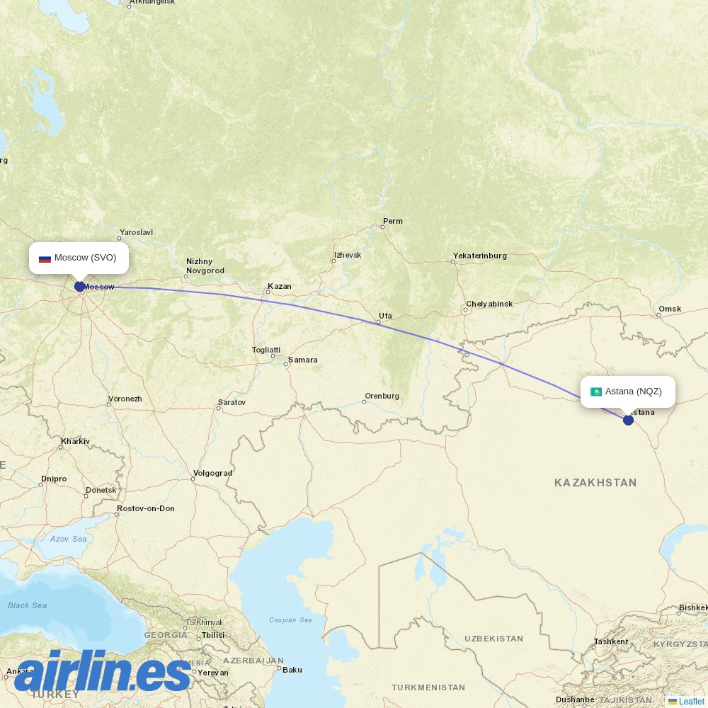 Aeroflot from Nursultan Nazarbayev destination map