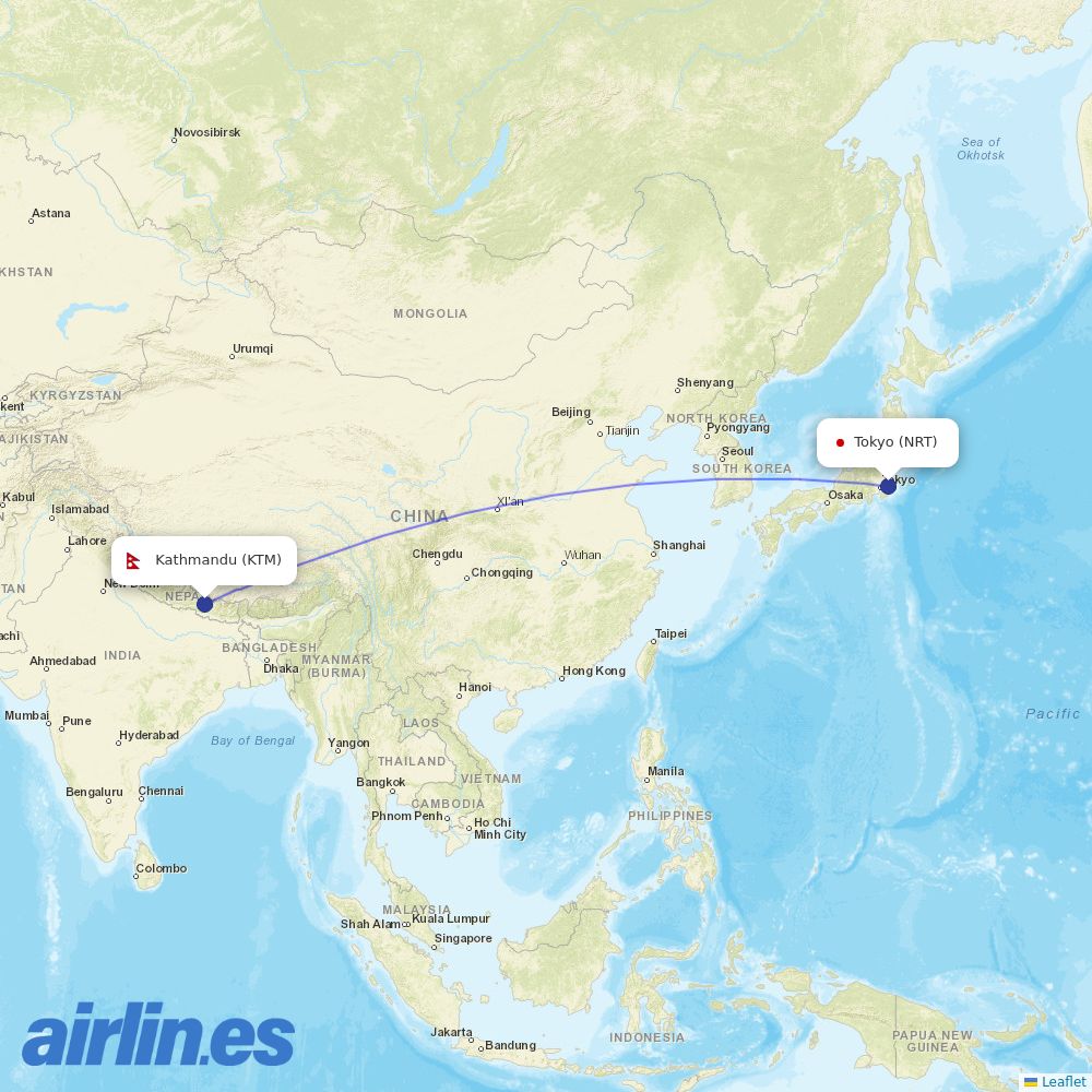 Nepal Airlines at NRT route map