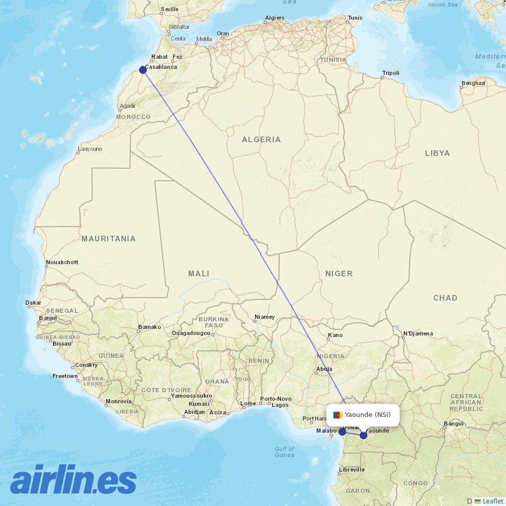 Royal Air Maroc from Yaounde Nsimalen destination map