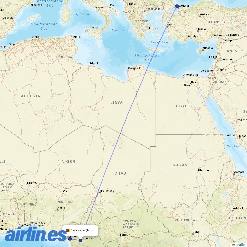 Turkish Airlines from Yaounde Nsimalen destination map