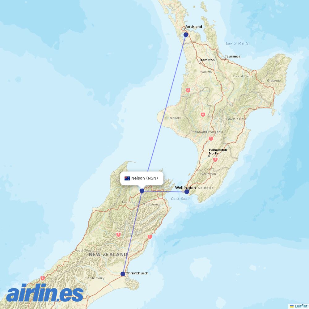 Air New Zealand from Nelson destination map
