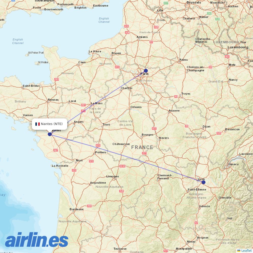 Air France from Nantes Airport destination map