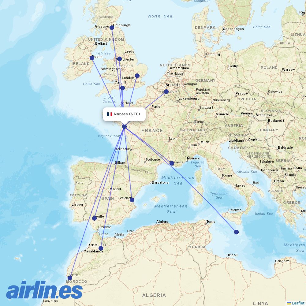 Ryanair from Nantes Airport destination map