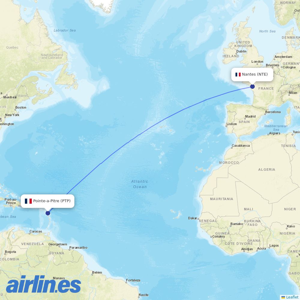 Corsair International from Nantes Airport destination map