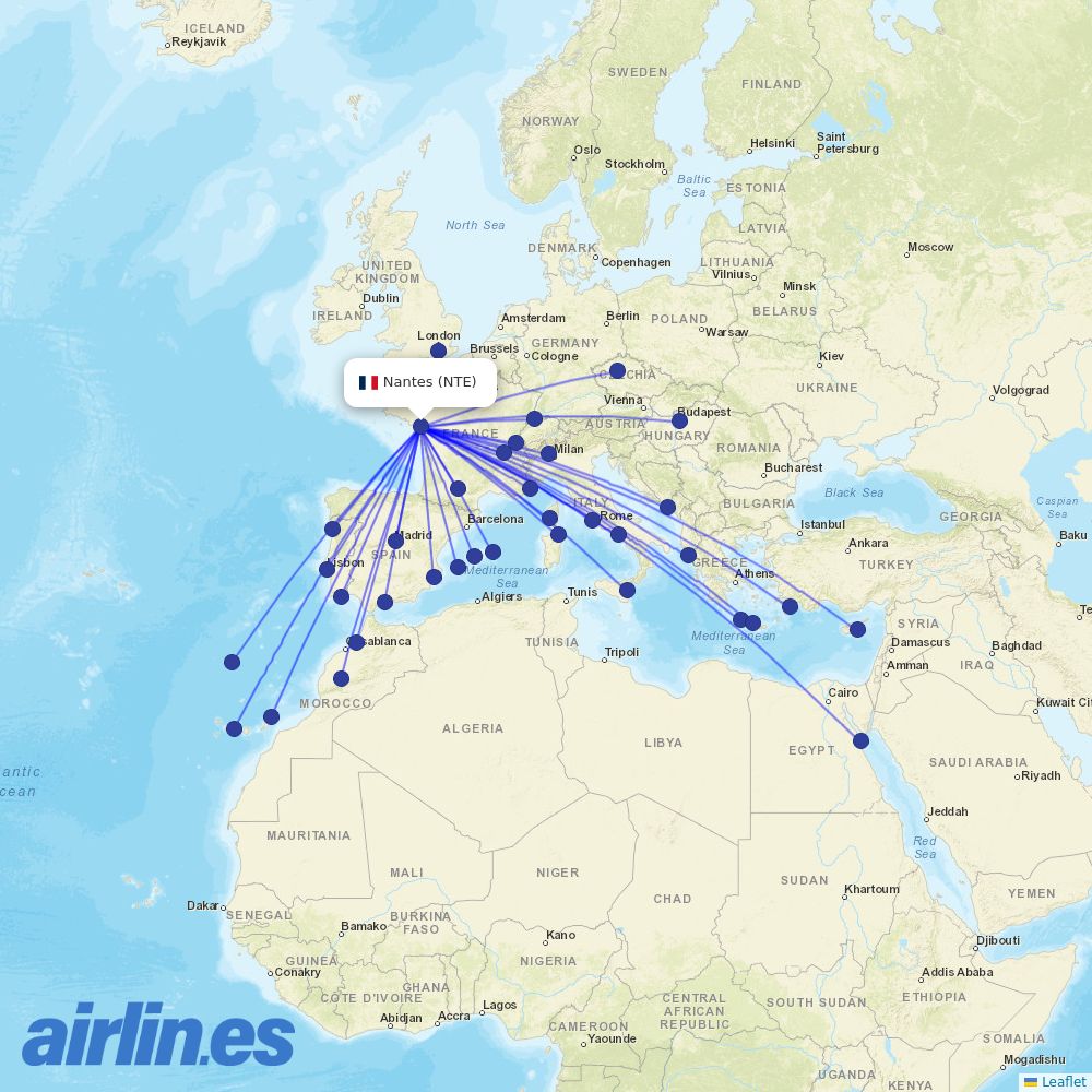 easyJet from Nantes Airport destination map