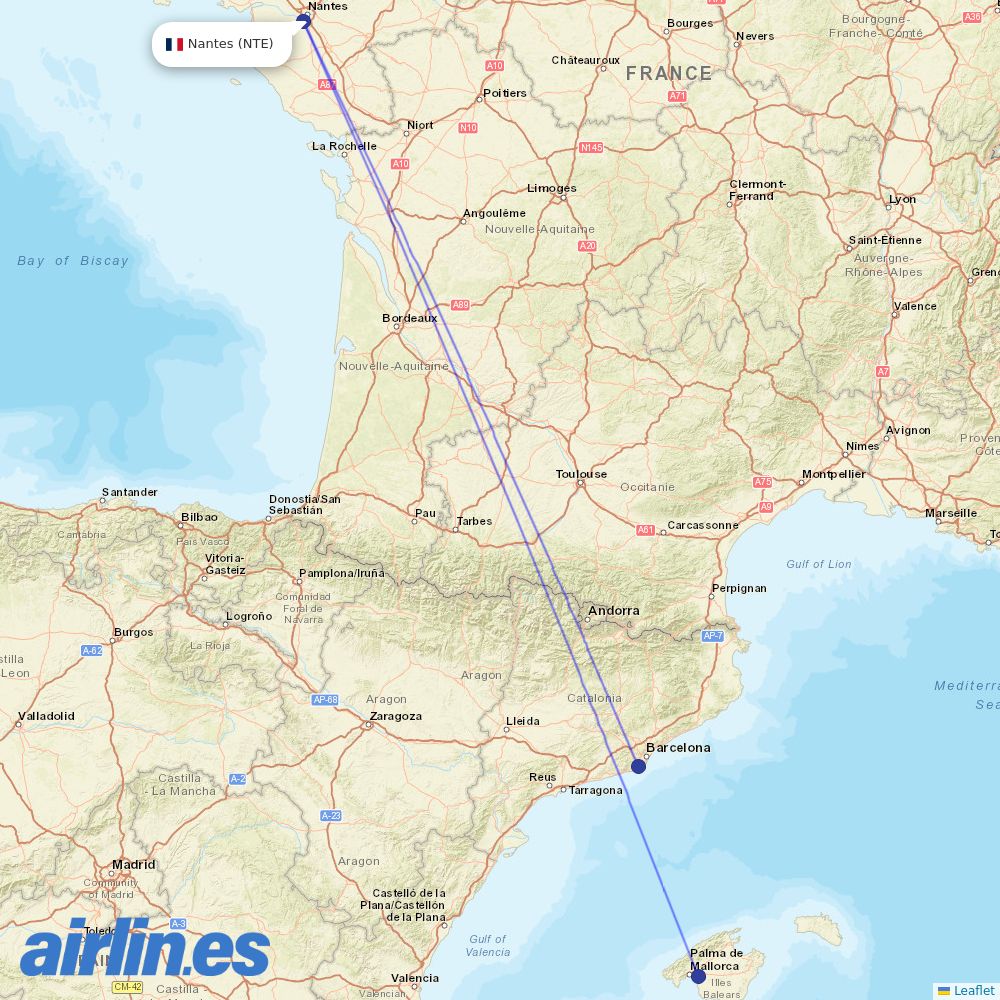 Vueling from Nantes Airport destination map