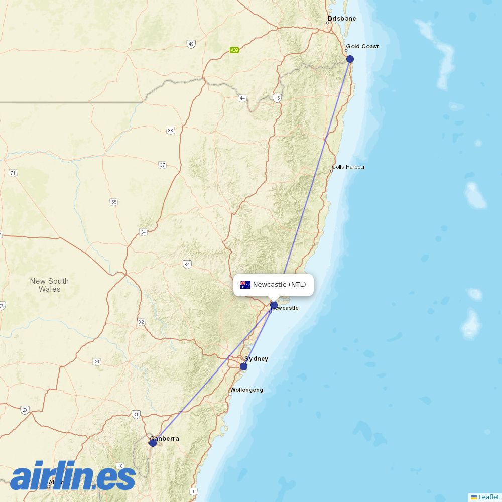 FlyPelican from Newcastle Airport destination map