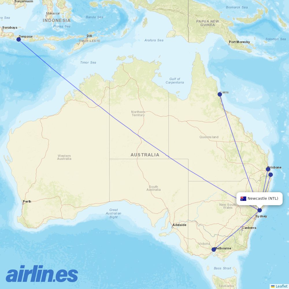 Jetstar from Newcastle Airport destination map