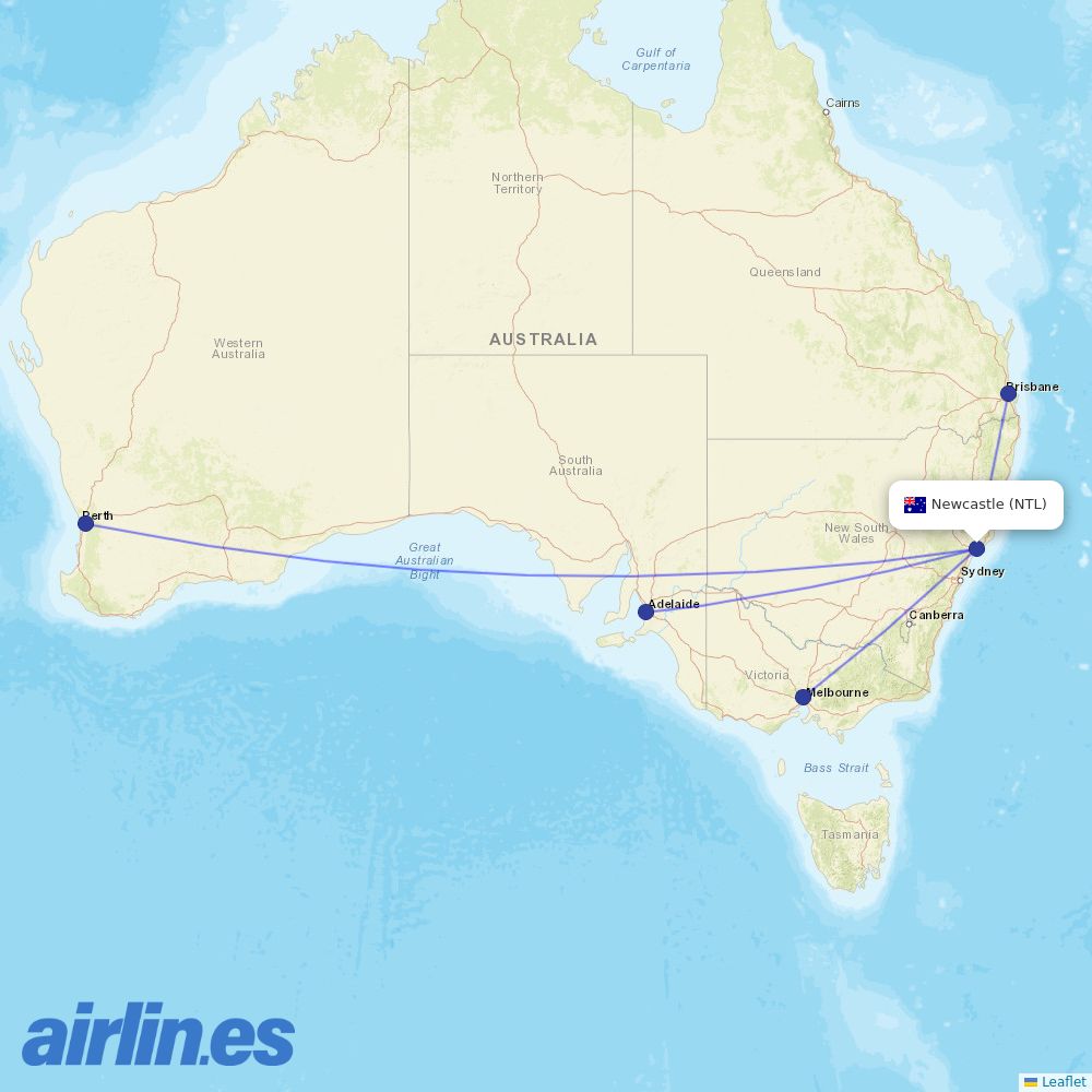 Qantas from Newcastle Airport destination map