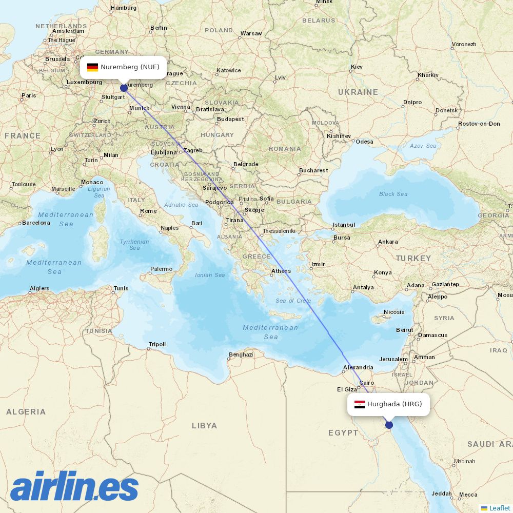 Air Cairo from Nuremberg Airport destination map