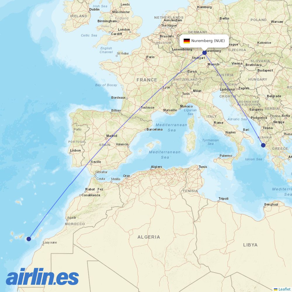 Corendon Airlines Europe from Nuremberg Airport destination map