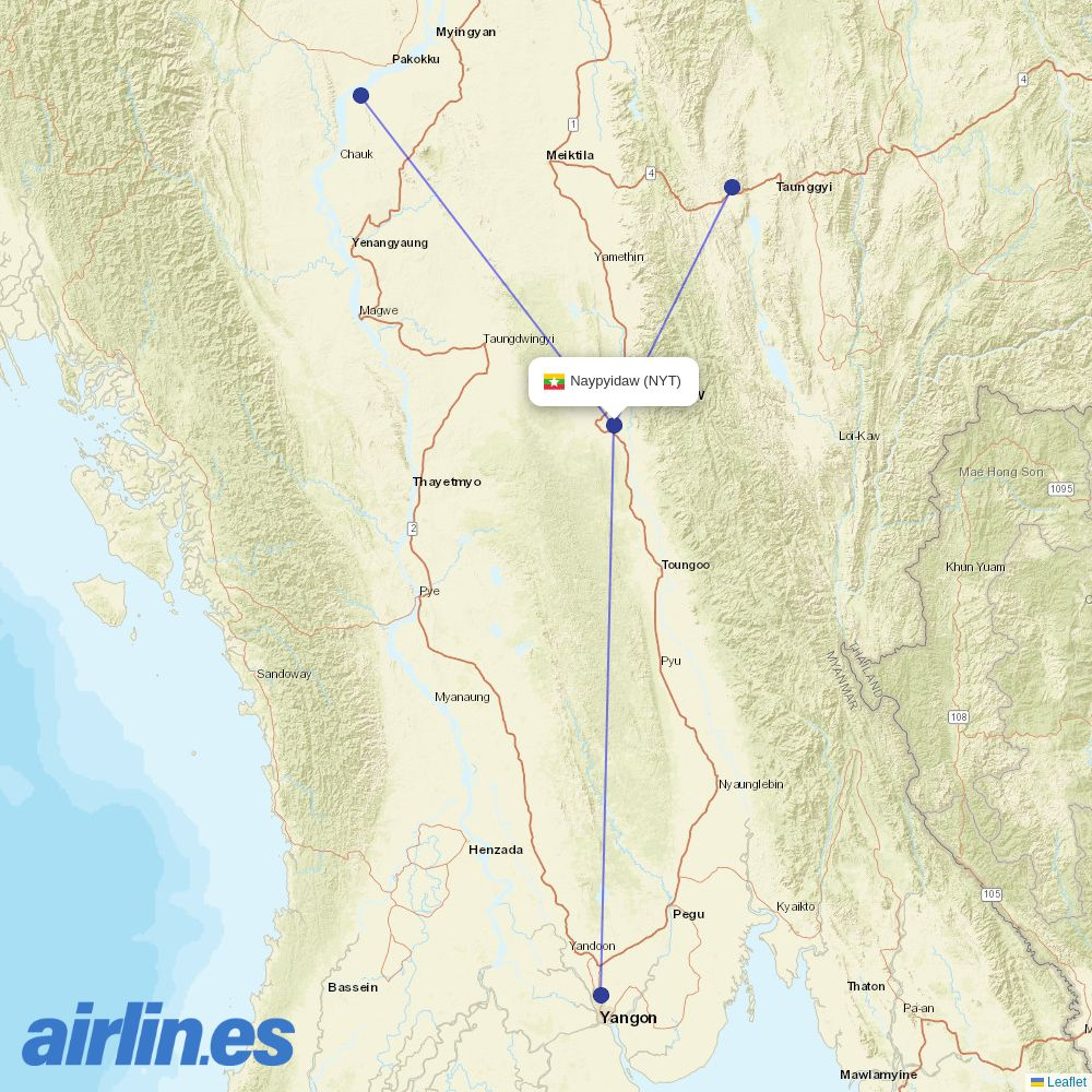 Myanmar Airways International from Nay Pyi Taw Airport destination map