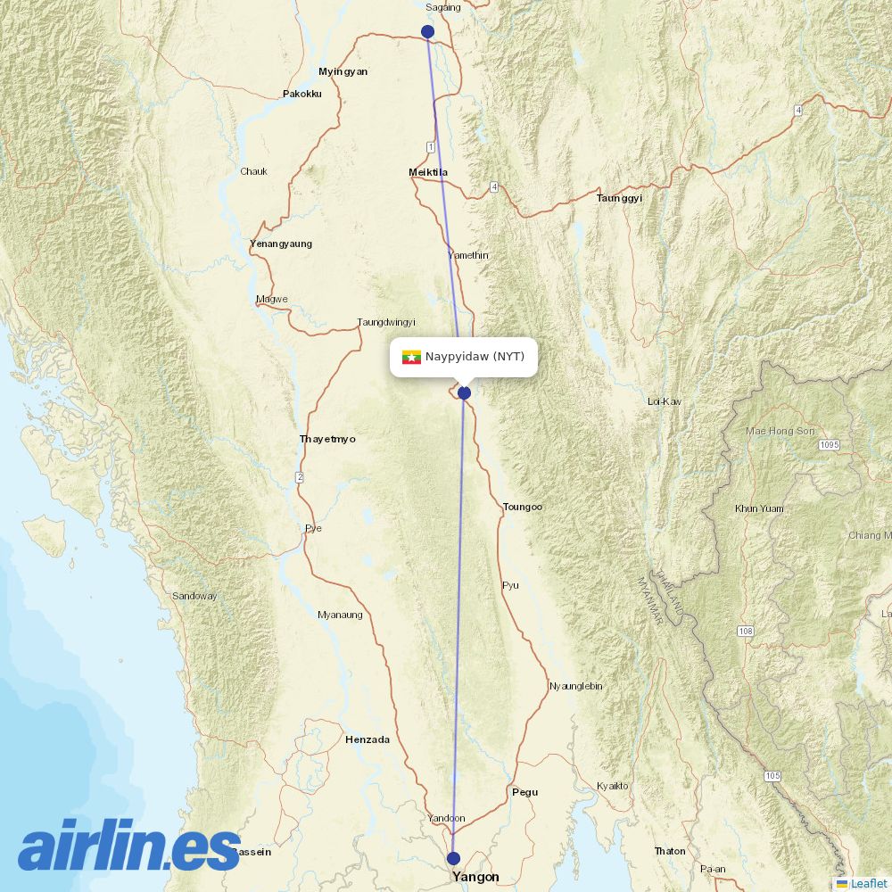 Myanmar National Airlines from Nay Pyi Taw Airport destination map