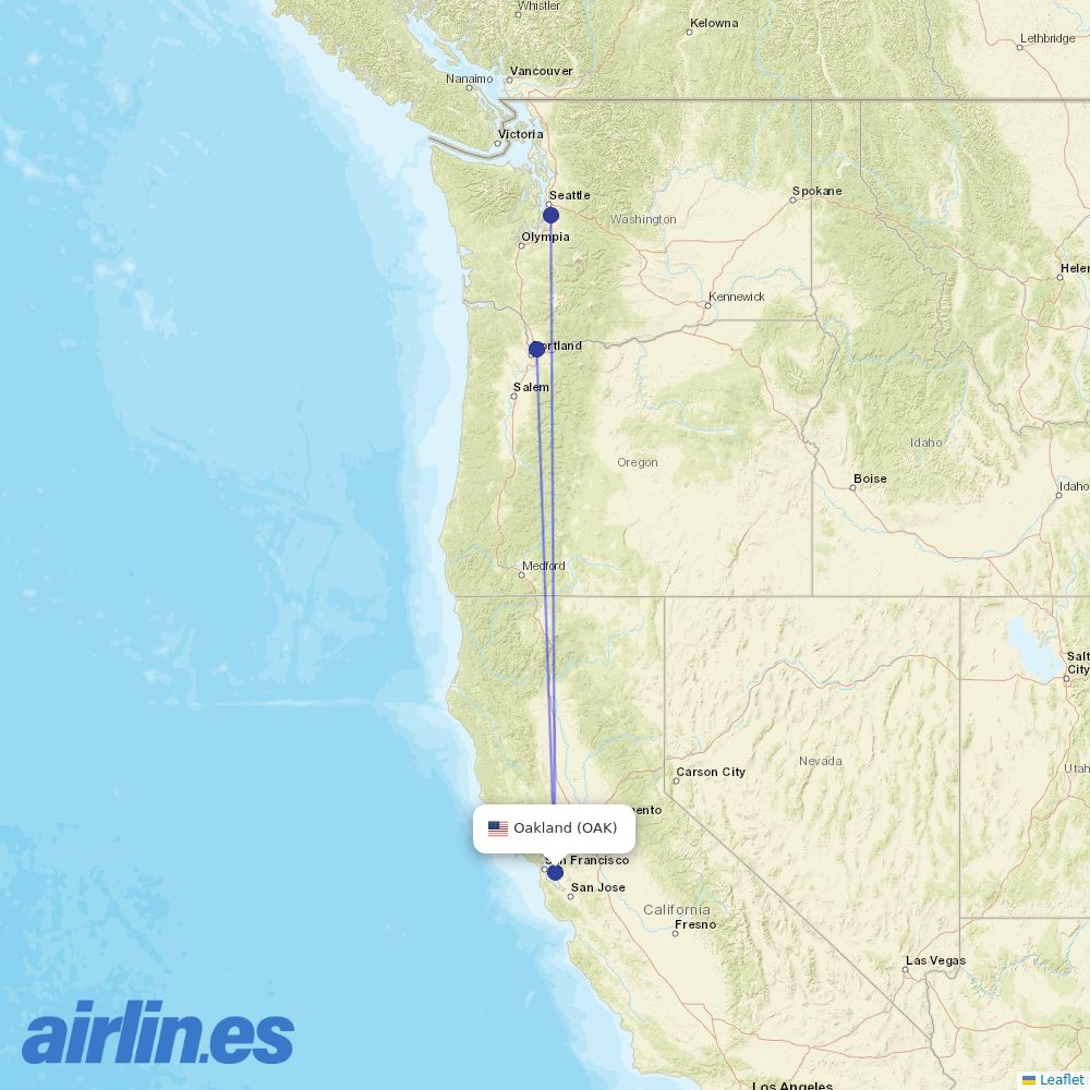 Alaska Airlines from Metropolitan Oakland International destination map
