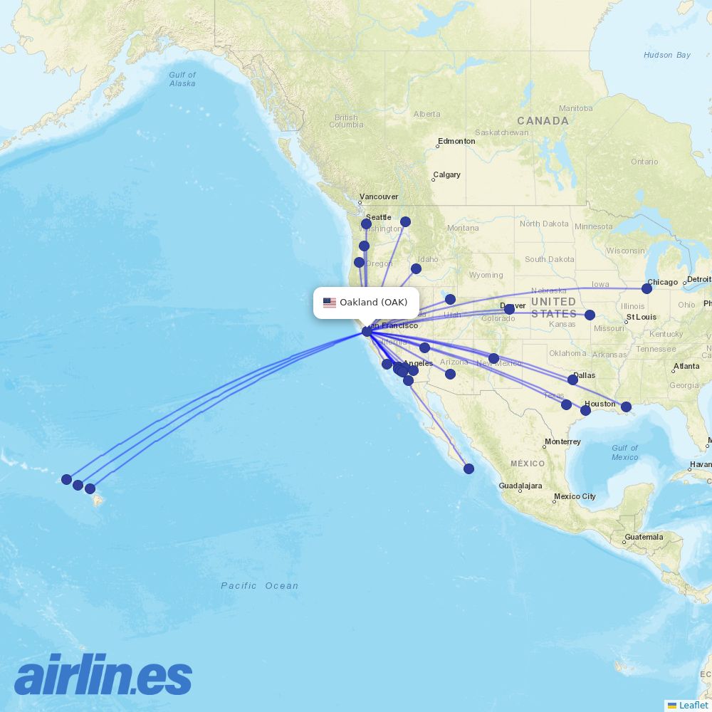 Southwest Airlines from Metropolitan Oakland International destination map