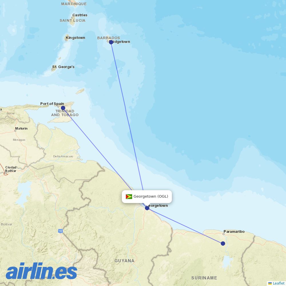 Caribbean Airlines at OGL route map