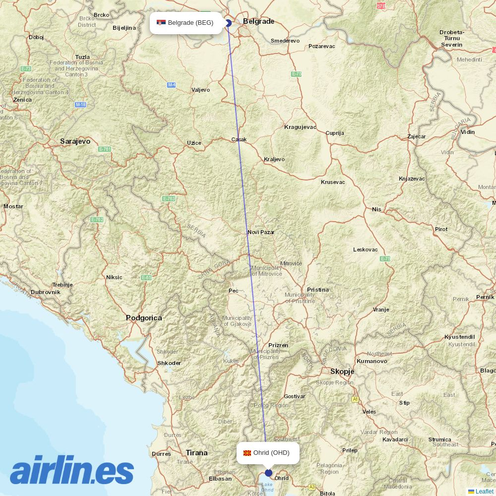 Air Serbia from Ohrid destination map