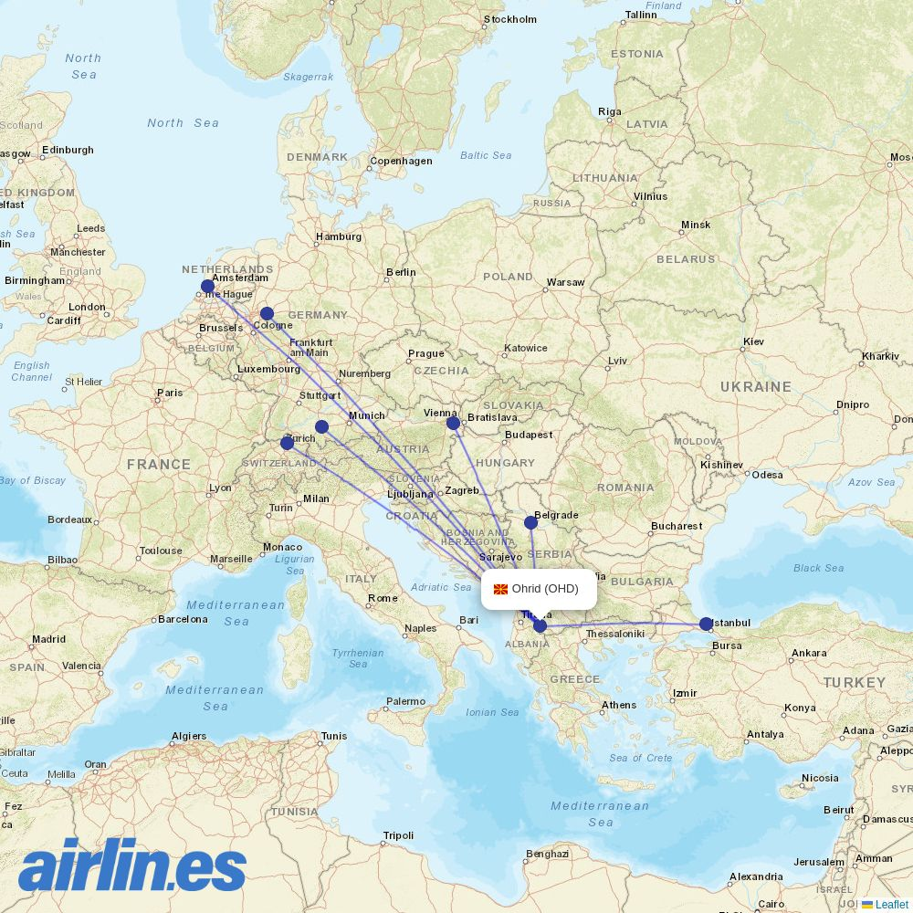Turkish Airlines from Ohrid destination map