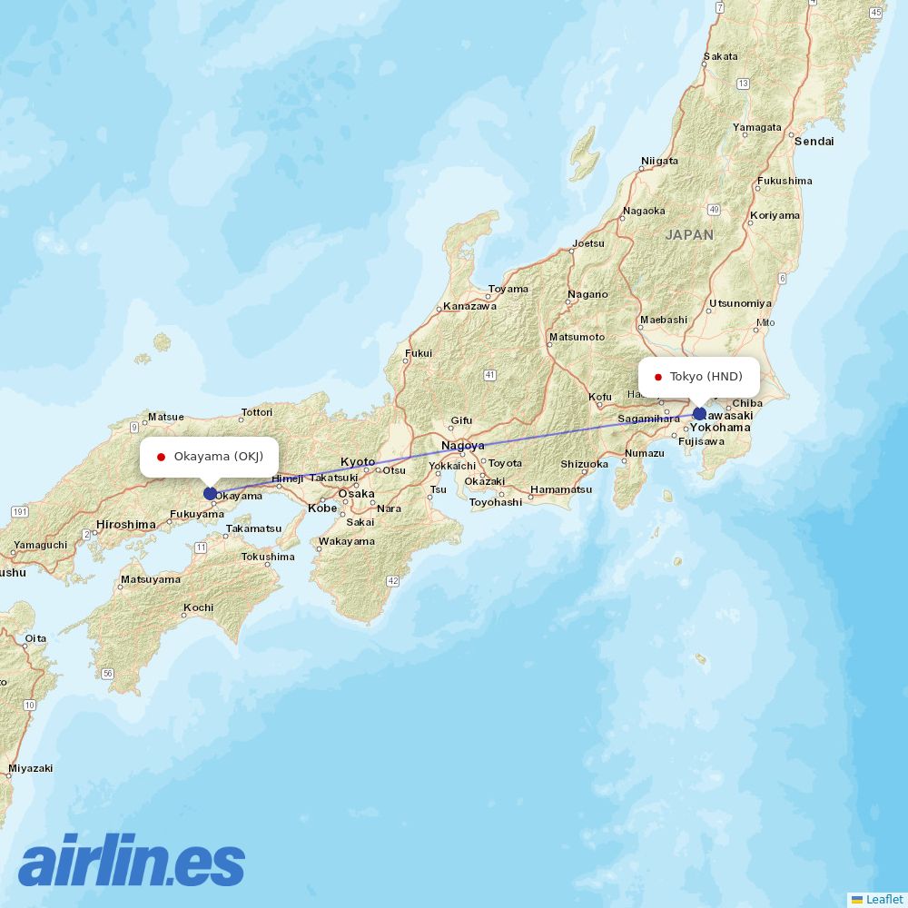 JAL from Okayama destination map