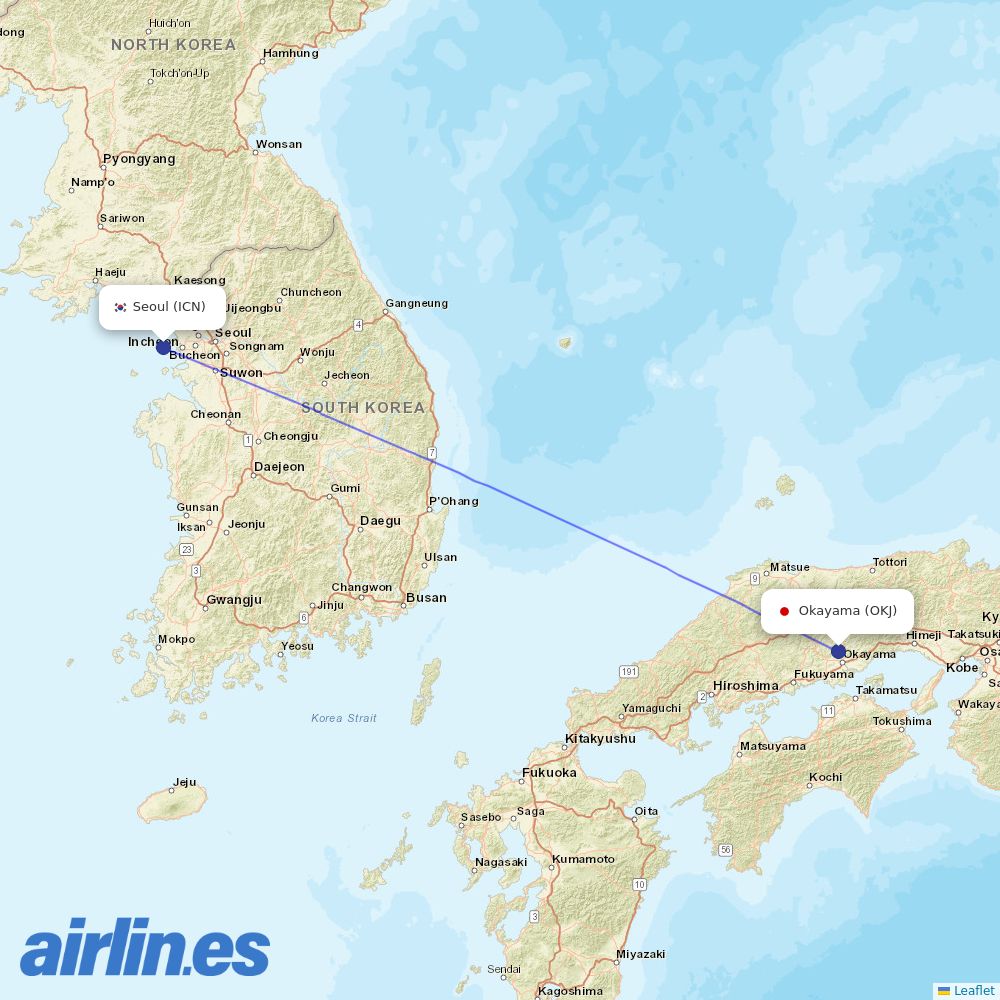 Korean Air from Okayama destination map