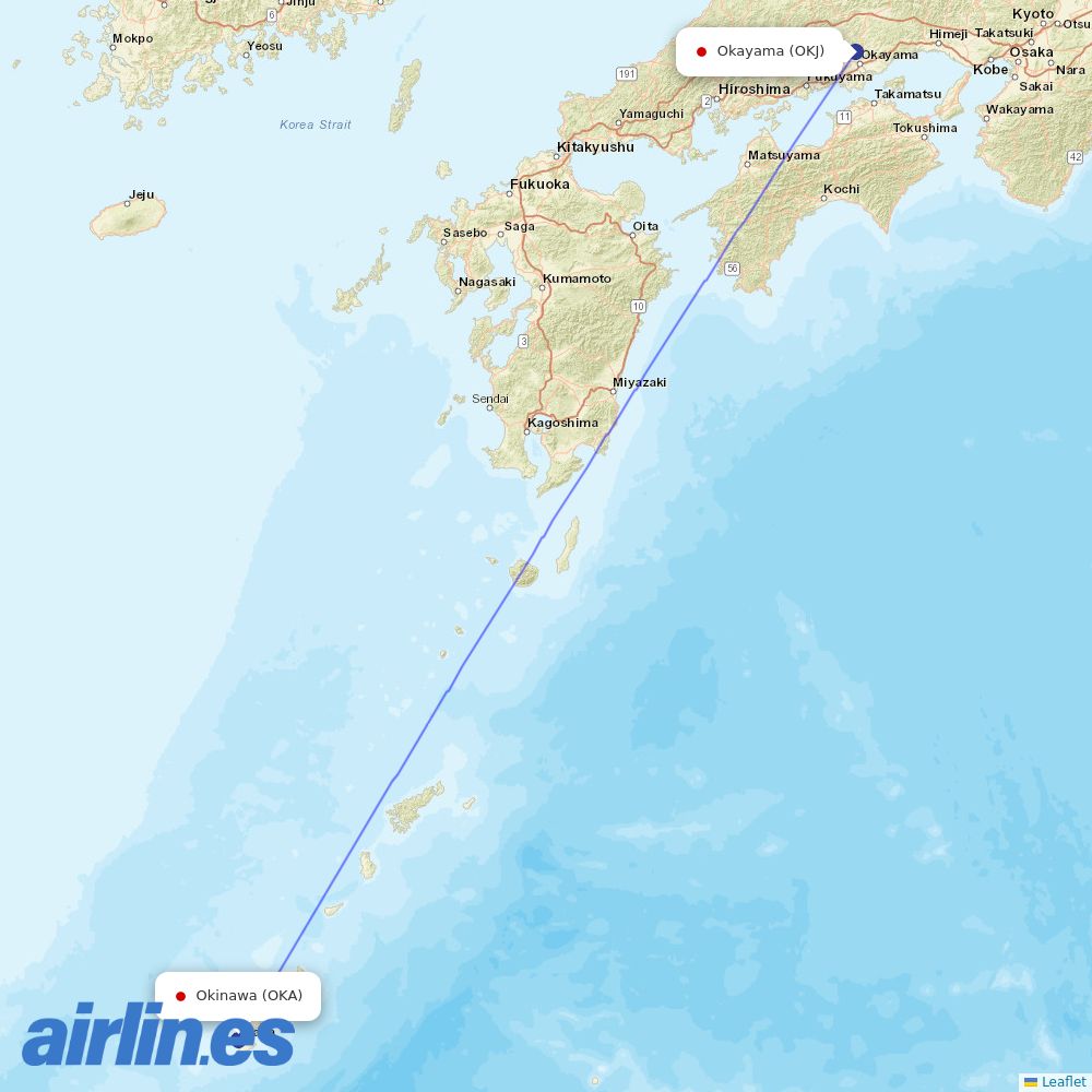 Japan Transocean Air from Okayama destination map